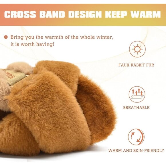 Women's Brown Fleece Fuzzy Fur Criss Cross Open Band Cozy Slippers Shoes - Picture 6 of 9